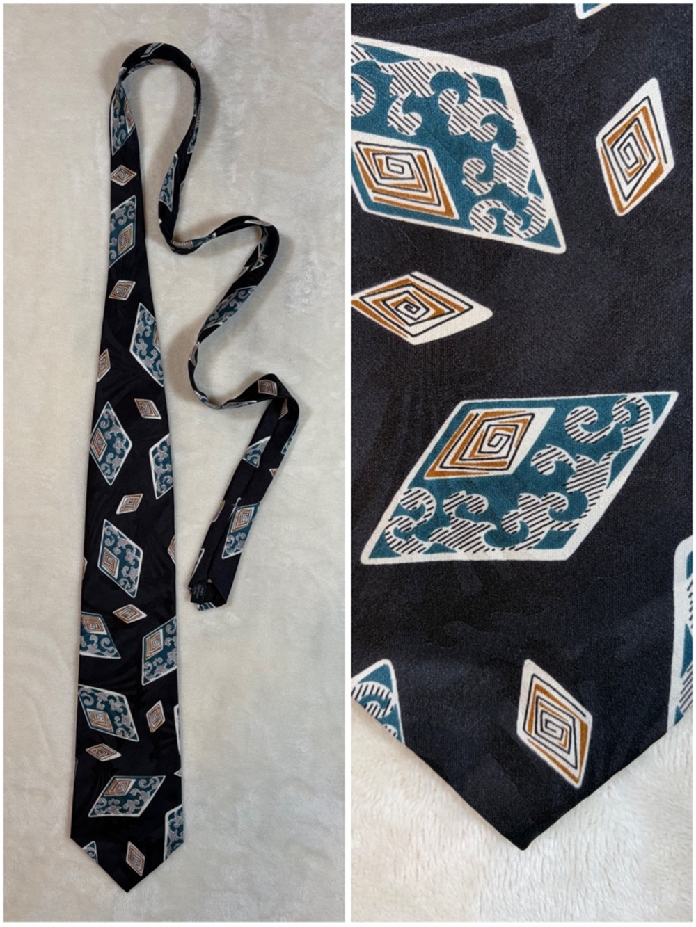 Mario Valentino Men's Geometric Black Blue White Brown 100% Silk Woven Wide Tie